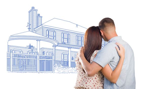 Embracing Military Couple Looking At House Drawing on White.