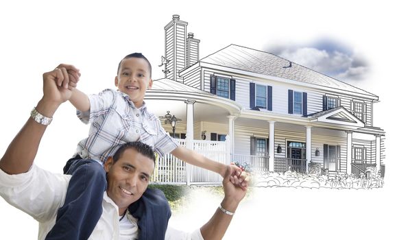 Hispanic Father and Son Over House Drawing and Photo Combination on White.