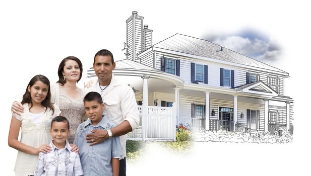 Young Hispanic Family Over House Drawing and Photo Combination on White.