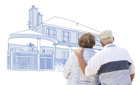 Curious Embracing Senior Couple Looking At House Drawing on White.