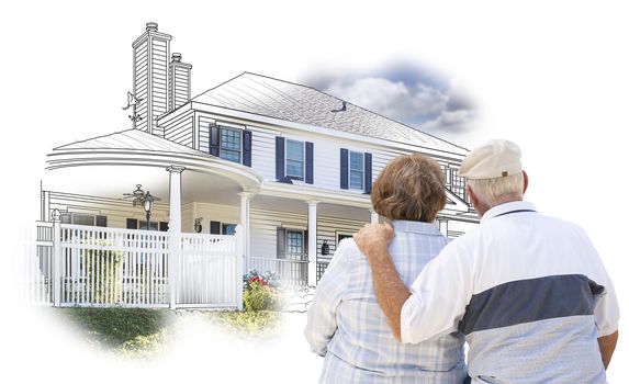 Curious Embracing Senior Couple Looking At  House Drawing and Photo Combination on White.