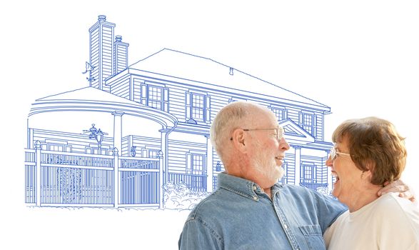 Happy Senior Couple Over House Drawing on White Background.