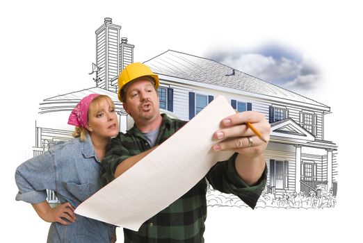 Woman Talking with Contractor Over House Drawing and Photo Combination on White.