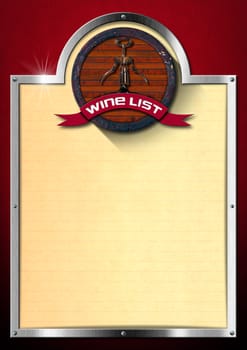 Red velvet background with metal frame and lined yellow paper, old wooden barrel and corkscrew with ribbon and text wine list.