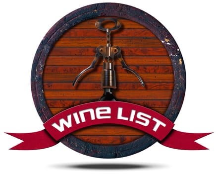 Icon or symbol with old wooden barrel, corkscrew and bottle, red ribbon with text wine list. Isolated on white background