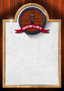 Wooden background with wooden frame and spotted white paper, old wooden barrel and corkscrew with ribbon and text wine list.