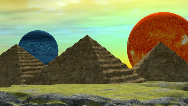 Distant world with two planets and three egyptian style pyramids