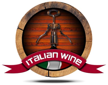 Icon or symbol with wooden barrel, italian flag, corkscrew and bottle, red ribbon with text Italian Wine. Isolated on white background
