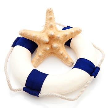 summer gear; starfish and life buoy over white background