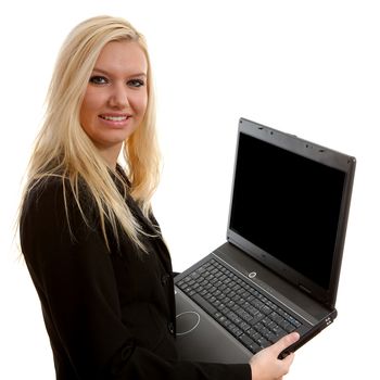 attractive young business woman with laptop over white background