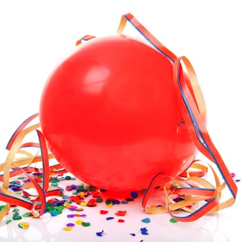 red party balloon, confetti and streamers over white background