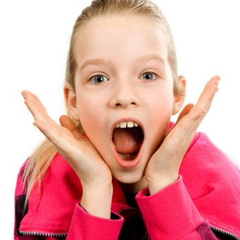 Girl who is surprised in cluseup, isolated on white background