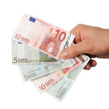 Hand is holding Euro money over white background