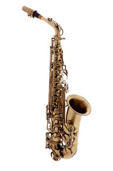 copper saxophone instrument over white background