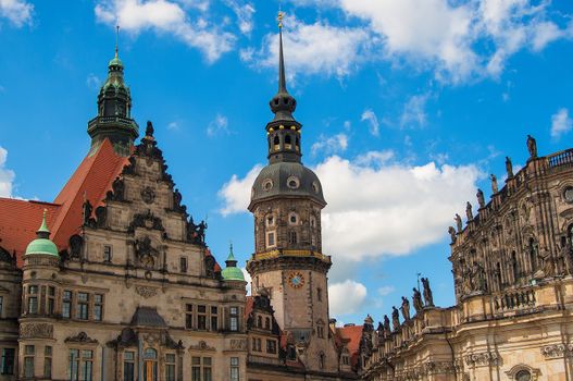 Church Frauenkirche area in Dresden Germany on a sunny day with blue