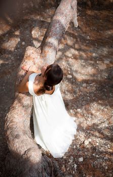 Beautiful young woman in white dress stands leaning on a tree trunk. Top view