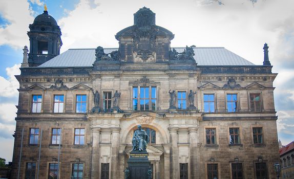 Monument of King Friedrich August and the old building behind him in Dresden, Germany