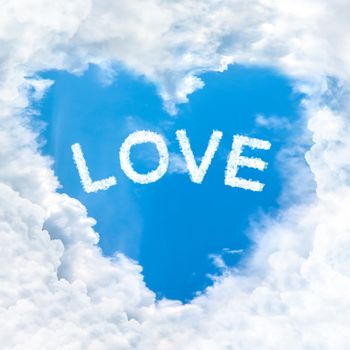 love word cloud heart shape blue sky background only