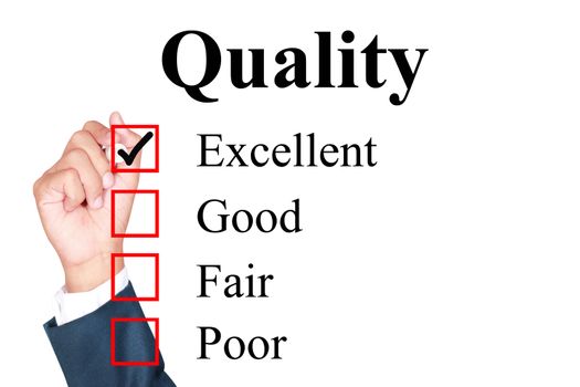 Quality evaluation form tick excellent by businessman