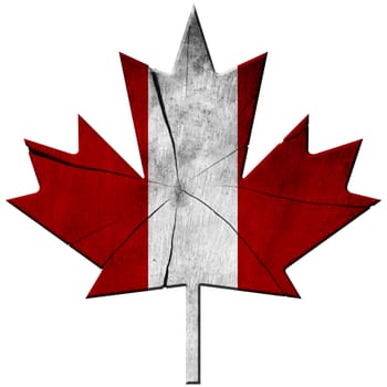 Wooden leaf of maple with the colors of the flag of Canada. Isolated on white background