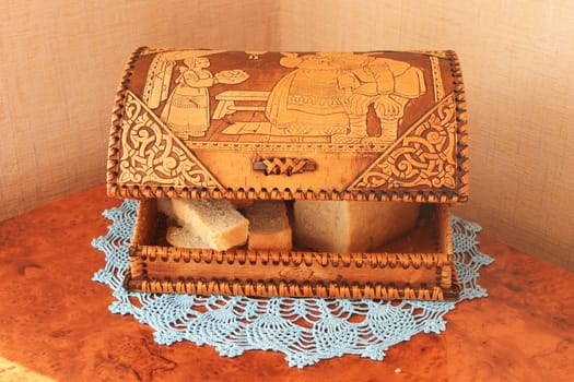 decorative birchbark bread box  depicting characters from Russian fairy tales