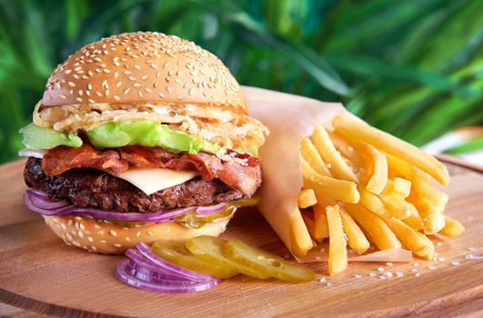 Tasty hamburger and french fries 