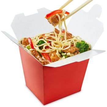 Wok noodles box with chopsticks  isolated on white background