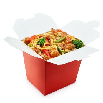 Wok noodles box with chopsticks  isolated on white background