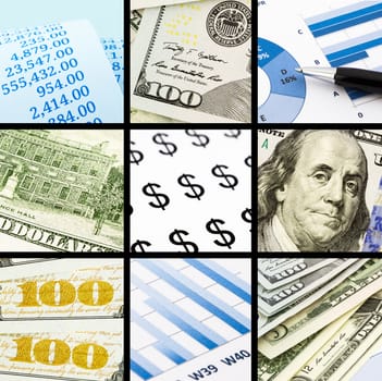 Business, finance and money collection theme images, collage of nine photos
