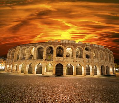 Arena of Verona at sunset  (I-III century), roman amphitheater, symbol of the city of Verona (UNESCO world heritage site), Veneto, Italy