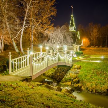 tiny chapel with lighting at night