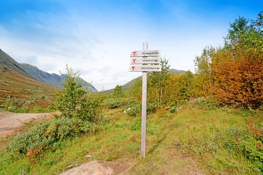 Wooden trail sign at Jotunheimen National Park, Norway