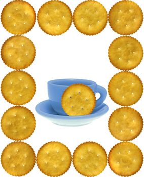 Frame of cookies, Crackers, Salty Biscuits with toy tea cup-saucer