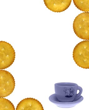 Empty template with Crackers, Salty Biscuits and toy tea cup-saucer