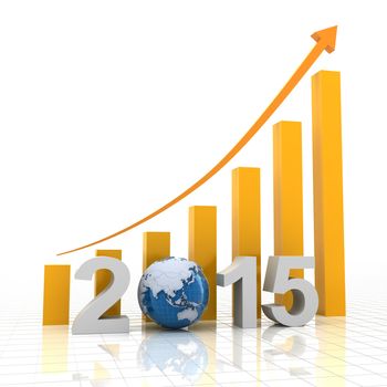2015 global growth concept, rising chart with 2015 and globe, 3d render