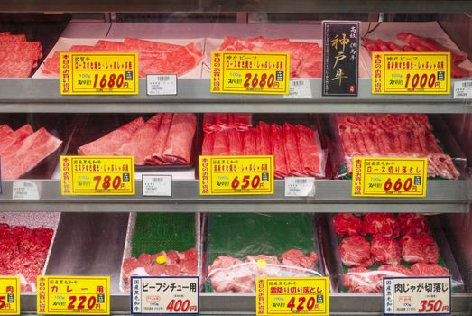 Osaka, Japan - Oct 26: Different types of beef, including Wagyu and Kobe beef,  for sale in the Kizu Wholesale Market in Osaka, Japan on Oct 26, 2014. These are highly priced beef known for their quality.