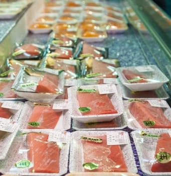 Osaka, Japan - Oct 26: Sashimi for sale in a seafood store in the Kuromon Market in Osaka, Japan on Oct 26, 2014. Sashimi is a Japanese food, which is raw meat or fish sliced into thin pieces.