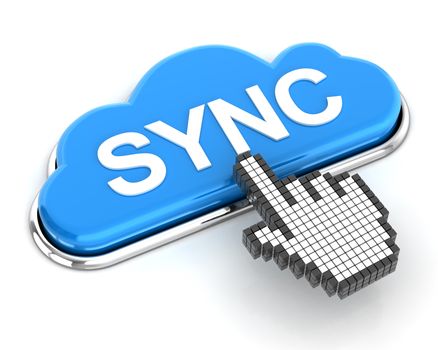 Clicking a cloud shaped sync button, 3d render