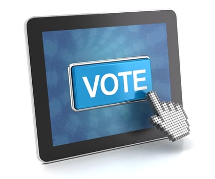 Clicking the vote button on a digital tablet, 3d render