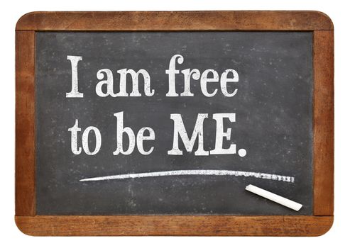 I am free to be ME - positive words on a vintage slate blackboard