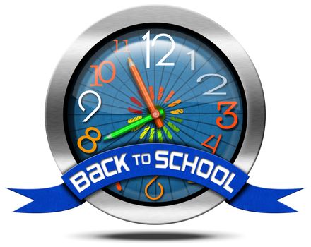 Metallic round icon or symbol with colorful clock with clock hands in the shape of colored pencils and blue ribbon with text back to school