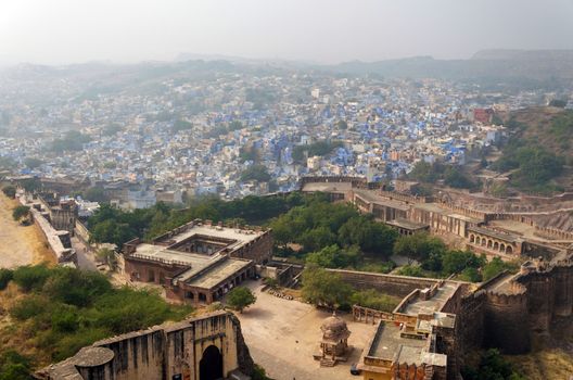 Jodhpur the blue city in Rajasthan state in India. View from the Mehrangarh Fort.