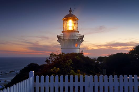 A long exposure taken after sundown of the Sugarloaf Point Lighthouse, Seal Rocks Australia