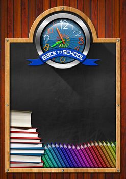 Blackboard with symbol with a colorful clock with clock hands in the shape of colored pencils and blue ribbon with text back to school