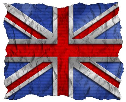 UK flag on a wrinkled sheet of paper with nails, isolated on a white background