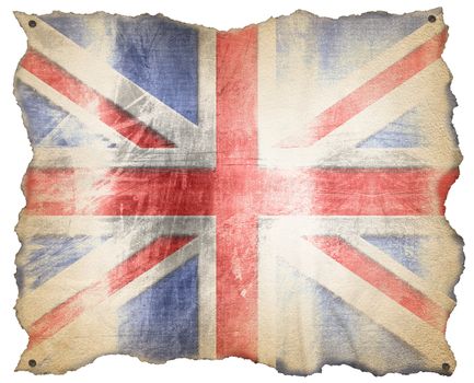 Weathered UK flag on a old brown parchment with nails. Isolated on white background