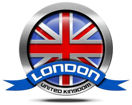 Metal icon or symbol with United Kingdom flag and blue ribbon with text London. Isolated on white background
