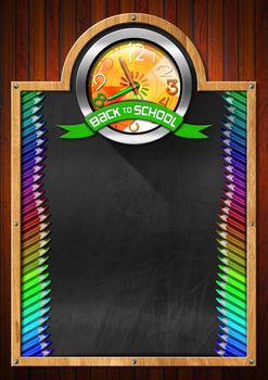 Blackboard with symbol with a colorful clock with clock hands in the shape of colored pencils and green ribbon with text back to school