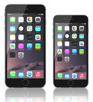 Galati, Romania - September 18, 2014: Apple Space Gray iPhone 6 Plus and iPhone 6 showing the home screen with iOS 8.The new iPhone with higher-resolution 4.7 and 5.5-inch screens, improved cameras, new sensors, a dedicated NFC chip for mobile payments. Apple released the iPhone 6 and iPhone 6 Plus on September 9, 2014.