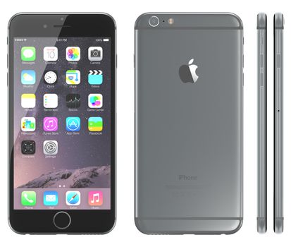 Galati, Romania - September 18, 2014: Apple Space Gray iPhone 6 Plus showing the home screen with iOS 8.The new iPhone with higher-resolution 4.7 and 5.5-inch screens, improved cameras, new sensors, a dedicated NFC chip for mobile payments. Apple released the iPhone 6 and iPhone 6 Plus on September 9, 2014.